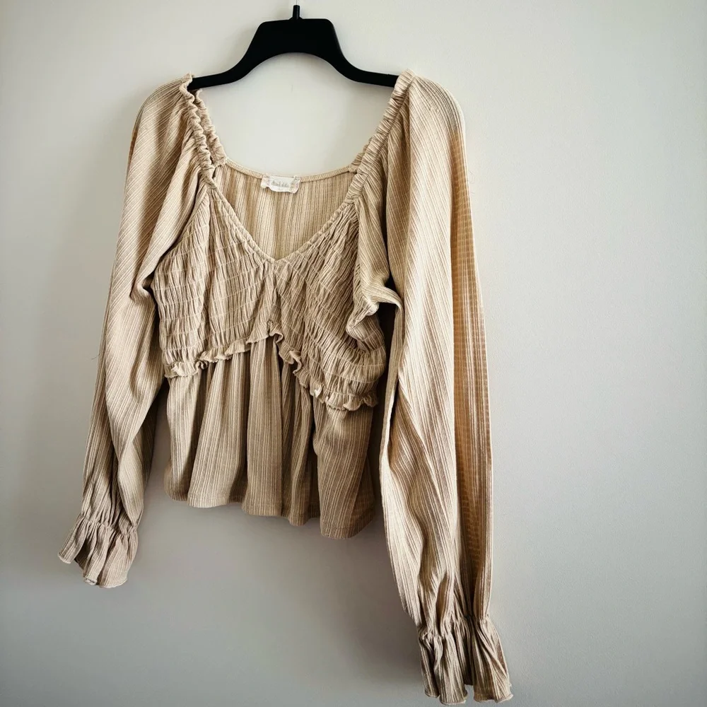 Altar'd State Top Smocked Beige Long Sleeve Blouse Women L Boho Cottagecore USA